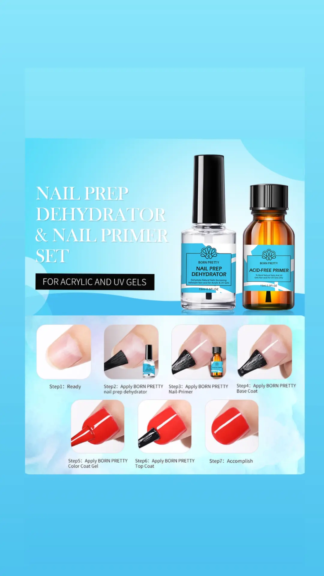 BORN PRETTY 15ML NAIL Prep DEHYDRATOR & Acid-Free PRIMER